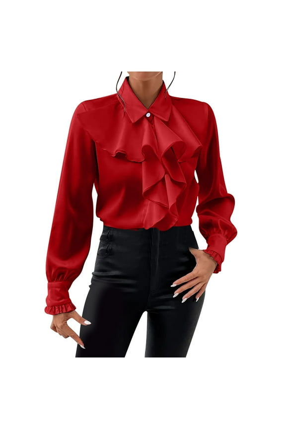 Women's Elegant Blouses Ruffle Trim Lapel Long Sleeve Shirts Dressy Festive Party Shirts Red XL