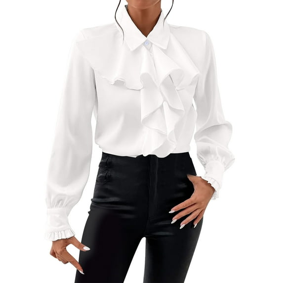 Htigea Women's Elegant Blouses Ruffle Trim Lapel Long Sleeve Shirts Dressy Festive Party Shirts White S