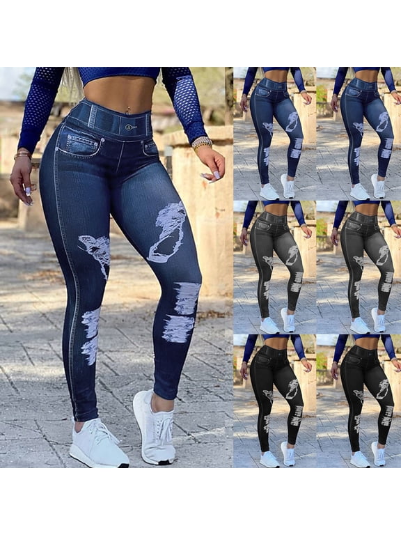 Women's Fake Jeans Leggings Seamless Full Length Yoga Pants High Waist Skinny Workout Bottoms Plus Size Imitation Jean Tights Gray,L