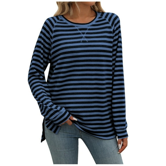 Htigea Women's Fall Shirt Preppy Striped Long Sleeve Tops Casual Loose Fitted Crewneck Pullover Tunic Tees Dark Blue L