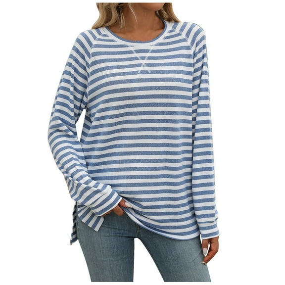 Htigea Women's Fall Shirt Preppy Striped Long Sleeve Tops Casual Loose Fitted Crewneck Pullover Tunic Tees Light Blue M