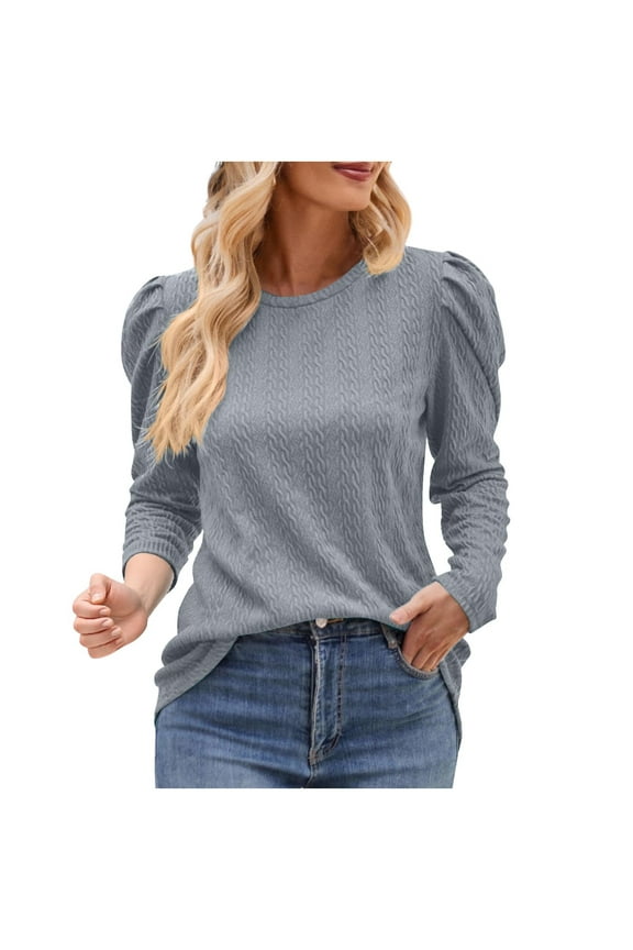 Women's Fall Tshirt Textured Puff Long Sleeve Crew Neck Pullover Tunic Tops Dressy Office Work Everyday Blouses Gray L