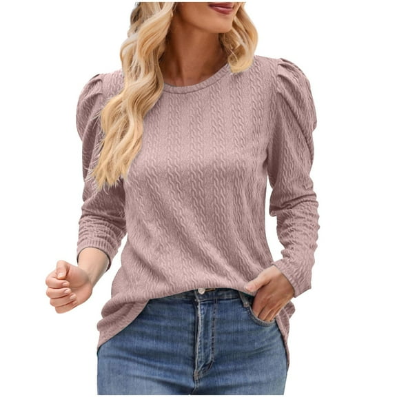 Htigea Women's Fall Tshirt Textured Puff Long Sleeve Crew Neck Pullover Tunic Tops Dressy Office Work Everyday Blouses Pink L