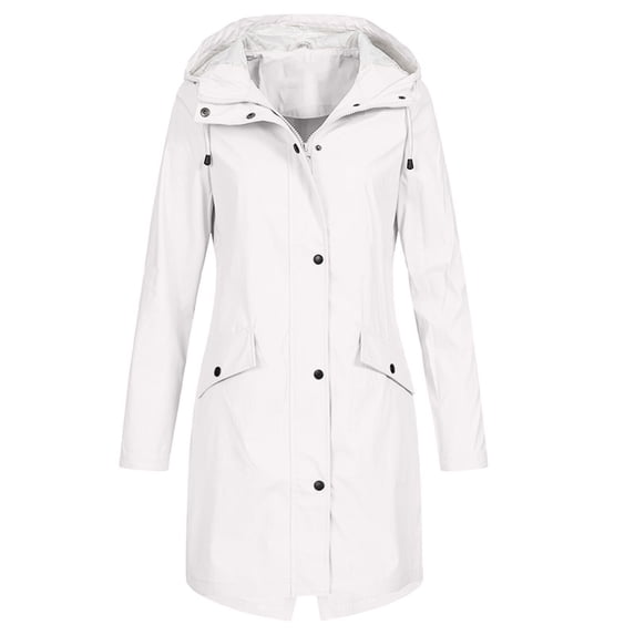 Htigea Women's Fall Winter Long Windbreaker Hooded Rain Jackets Waterproof Button Zip Up Trench Coats Lightweight Outdoor Raincoat with Pocket White 3XL