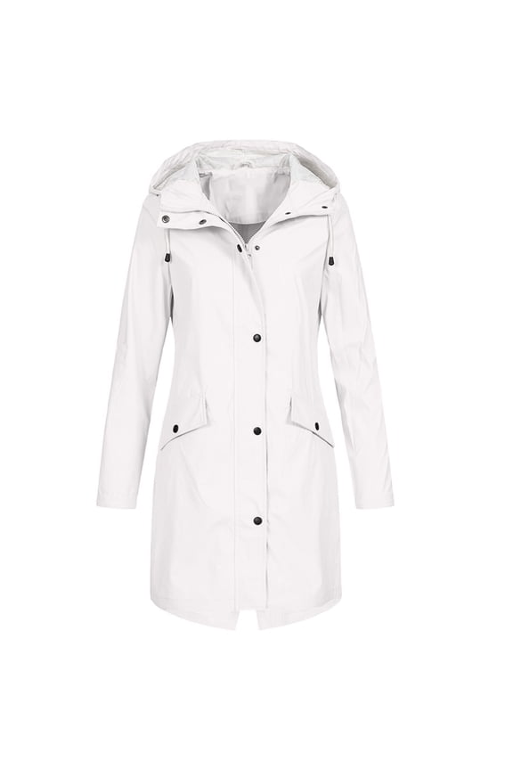Women's Fall Winter Long Windbreaker Hooded Rain Jackets Waterproof Button Zip Up Trench Coats Lightweight Outdoor Raincoat with Pocket White M