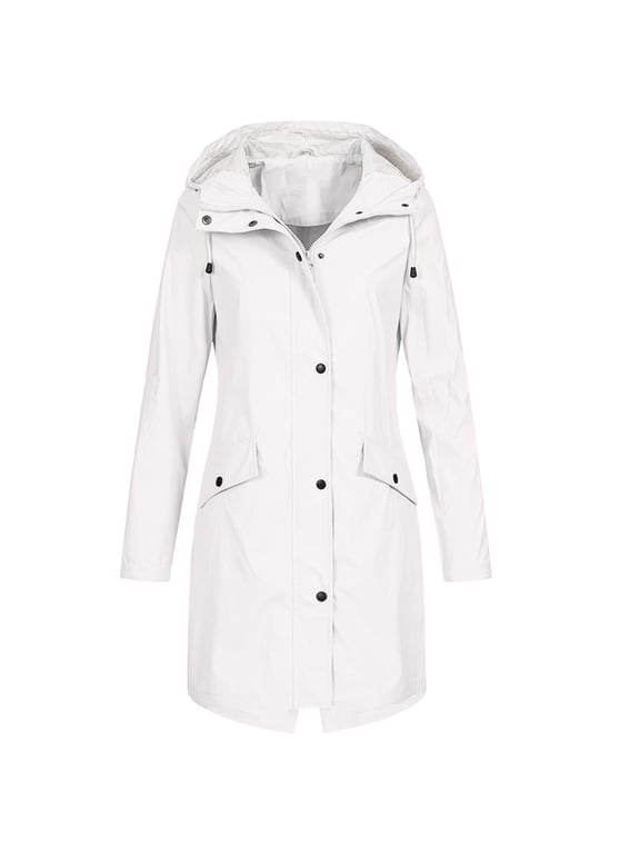 Women's Fall Winter Long Windbreaker Hooded Rain Jackets Waterproof Button Zip Up Trench Coats Lightweight Outdoor Raincoat with Pocket White M