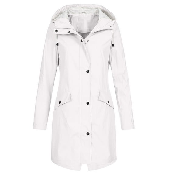 Htigea Women's Fall Winter Long Windbreaker Hooded Rain Jackets Waterproof Button Zip Up Trench Coats Lightweight Outdoor Raincoat with Pocket White S