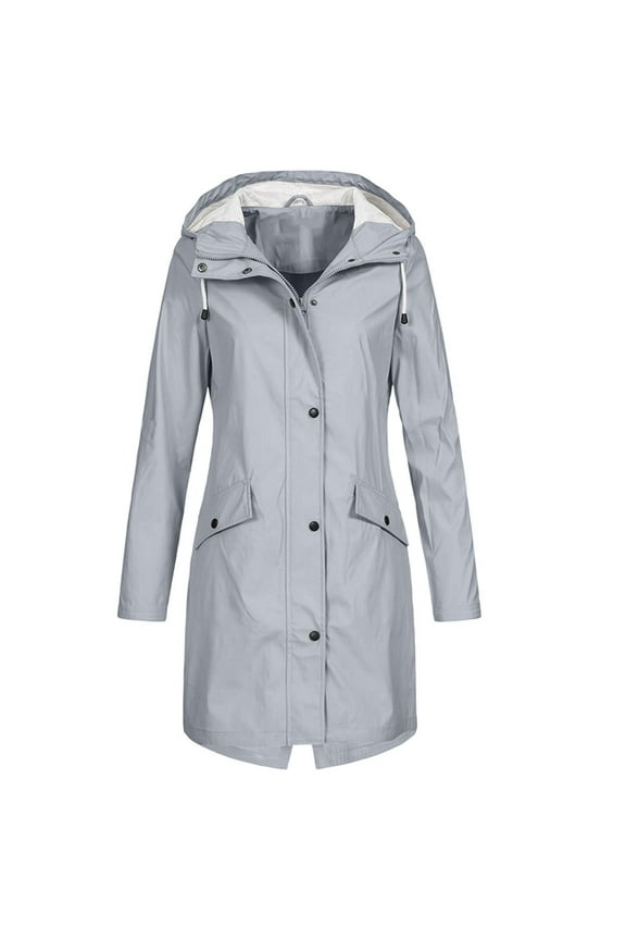Women's Fall Winter Long Windbreaker Hooded Rain Jackets Waterproof Button Zip Up Trench Coats Lightweight Outdoor Raincoat with Pocket Gray S