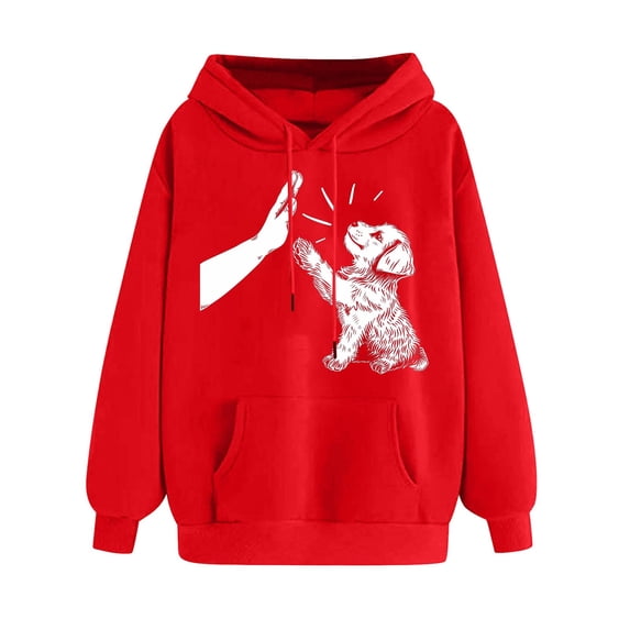 Htigea Women's Fall Winter Sweatshirts Cute Hoodies Loose Casual Pullover Drawstring Hooded Long Sleeve Tops with Pocket Red S