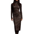 thumbnail image 1 of Htigea Women's Faux Suede Dress High Neck Long Sleeve Midi Dresses Elegant Cocktail Party Bodycon Dresses Coffee S, 1 of 6
