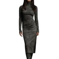 thumbnail image 1 of Htigea Women's Faux Suede Dress High Neck Long Sleeve Midi Dresses Elegant Cocktail Party Bodycon Dresses Gray XL, 1 of 6