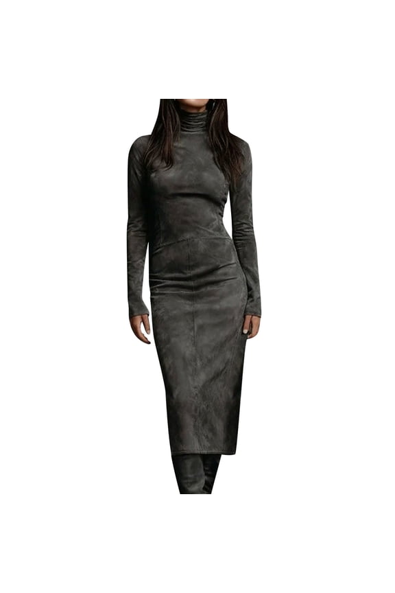 Women's Faux Suede Dress High Neck Long Sleeve Midi Dresses Elegant Cocktail Party Bodycon Dresses Gray XXL