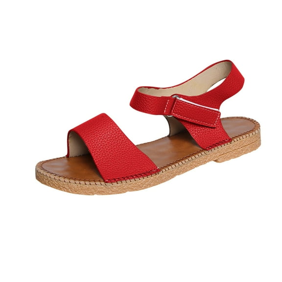 Htigea Women’s Flat Sandals Open Toe Ankle Strap Buckle Slip on Shoes Comfy Low Wedge Sandals Red 5.5