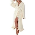 thumbnail image 1 of Htigea Women's Fleece Bathrobe Elegant Ruffle Hem Nightgown Loungewear Soft Winter Warm Sleep Robe with Pockets White,L, 1 of 7