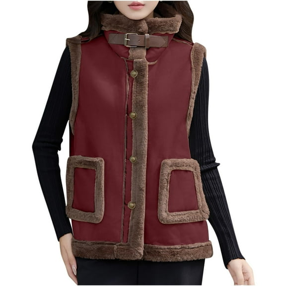 Htigea Women's Fleece Lined Vest Stylish Stand Collar Sleeveless Jackets Faux Suede Zip Up Coats with Pockets Wine XXL