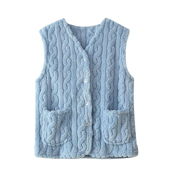 Htigea Women's Fleece Vest Soft Comfy Sleeveless Jacket Warm Winter Button Down Loungewear Gilet with Pockets Blue M