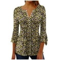 thumbnail image 1 of Htigea Women's Floral T-Shirts 3/4 Flared Sleeve Tops V Neck Pleated Tunic Tees Ladies Casual T Shirts Loose Pullover Yellow,S, 1 of 5