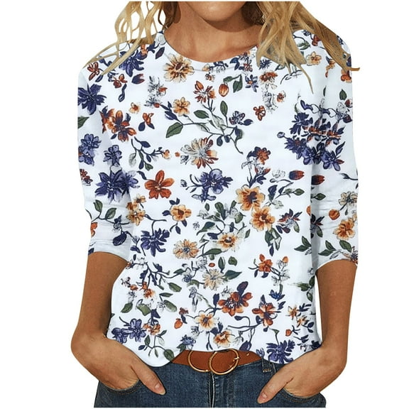 Htigea Women's Floral Tshirts Cute 3/4 Sleeve Crew Neck Tees Ladies Three-Quarter Sleeves Top Lightweight Everyday Wear White,3XL
