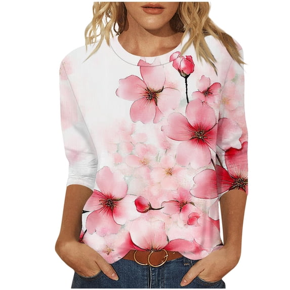 Htigea Women's Flower Print Tshirts Plus Size 3/4 Length Sleeve Crewneck Tees Casual Pullover Tops Lightweight Summer T Shirts Pink,2XL