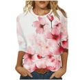 thumbnail image 1 of Htigea Women's Flower Print Tshirts Plus Size 3/4 Length Sleeve Crewneck Tees Casual Pullover Tops Lightweight Summer T Shirts Pink,XL, 1 of 5