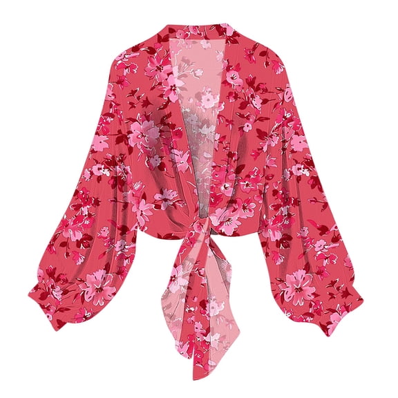 Htigea Women's Flower Printed Shrugs Casual Long Sleeve Beach Cover Up Top Lightweight Chiffon Open Tie Front Cardigan Red M