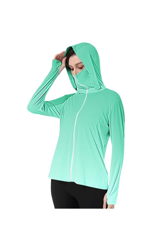 Women's Full Zip Sun Protection Hoodie Jacket Summer Packable UPF 50+ Face Mask Outdoor Hiking Long Sleeve Shirts with Thumb Holes Green,2XL