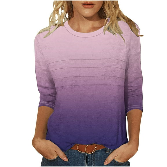 Htigea Women's Gradient Color Tshirts Colorful 3/4 Sleeve Tees Crewneck Pullover Tunic Tops Casual Basic Shirts Purple,L
