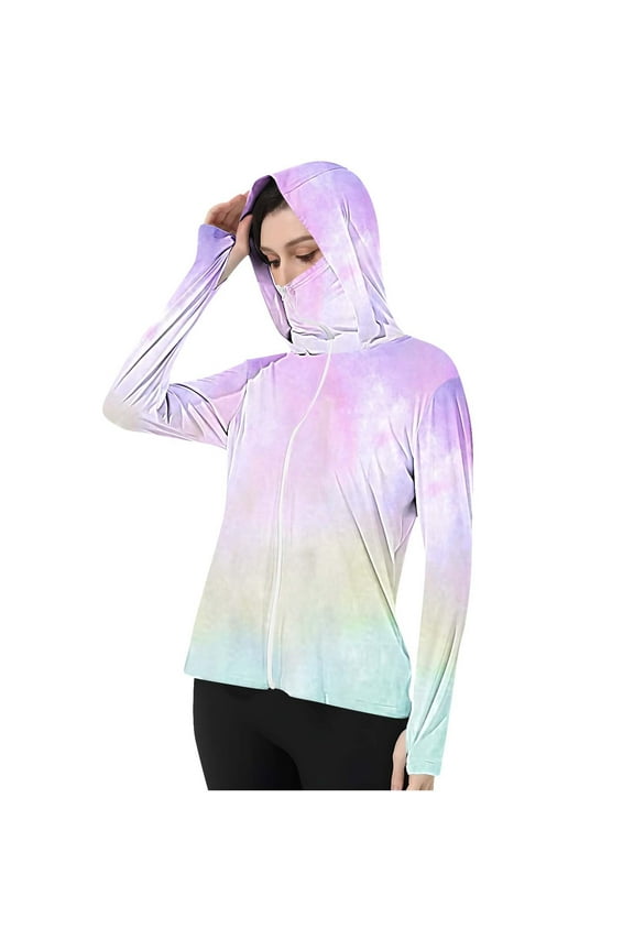 Women's Gradient Sun Hoodie with Attached Face Mask Zip up Hooded Jacket Cooling Fabric UV Protection Shirts for Outdoor Hiking Work Purple,2XL