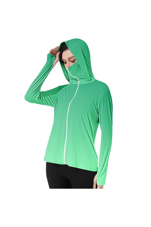 Women's Gradient Sun Hoodie with Attached Face Mask Zip up Hooded Jacket Cooling Fabric UV Protection Shirts for Outdoor Hiking Work Green,S
