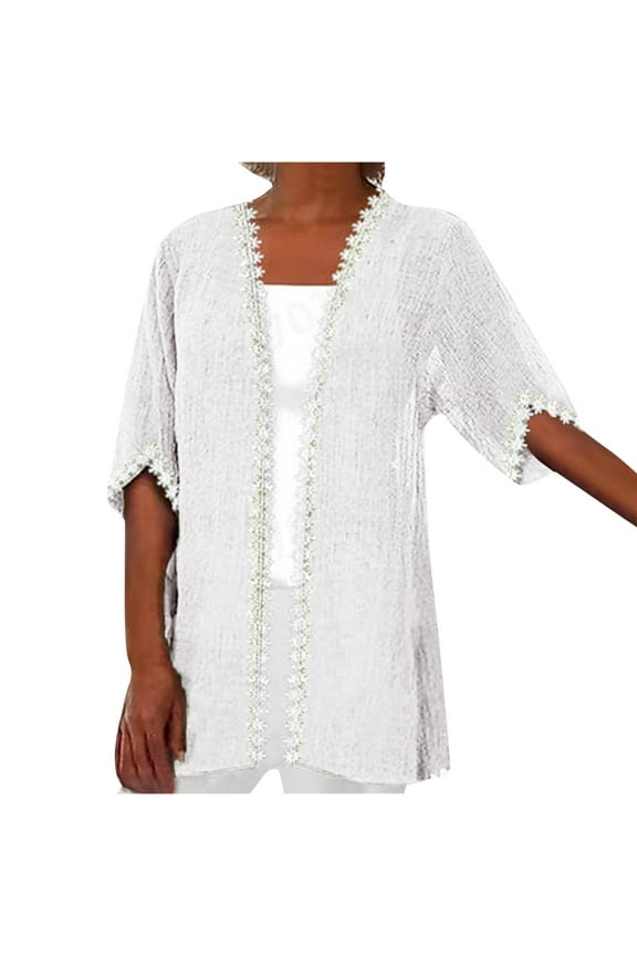 Women's Half Sleeve Cardigan Cotton Linen Lace Trim Open Front Tops Casual Loose Beach Everyday Cardigans White 3XL