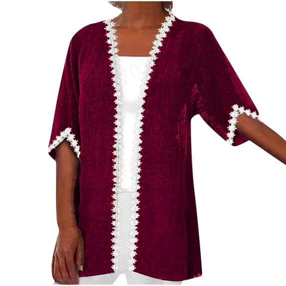 Htigea Women's Half Sleeve Cardigan Cotton Linen Lace Trim Open Front Tops Casual Loose Beach Everyday Cardigans Wine 4XL