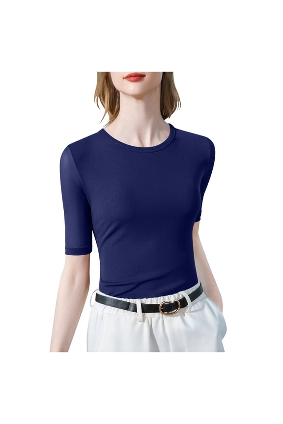 Women's Half Sleeve T Shirts Solid Color Crew Neck Tees Stretch Slim Fit Thin Base Layer Tops Soft Comfy Everyday Blouses Blue S