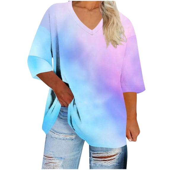 Htigea Women's Half Sleeve Tops Oversize Tie Dye V Neck Shirt Casual Loose Fit Tunic Tees Ladies Blouses Sky Blue XL