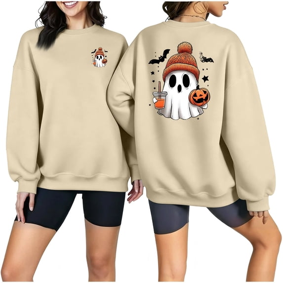 Htigea Women's Halloween Pullover Tops Cute Ghost Pumpkin Graphic Sweatshirts Fleece Lined Crewneck Long Sleeve Soft Cozy Fall Outfits Beige L