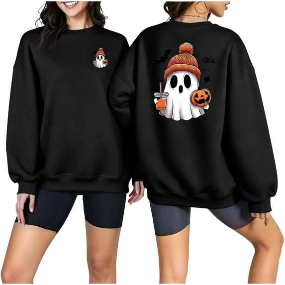 Htigea Women's Halloween Pullover Tops Cute Ghost Pumpkin Graphic Sweatshirts Fleece Lined Crewneck Long Sleeve Soft Cozy Fall Outfits Black S