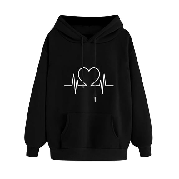 Htigea Women's Heart Graphic Sweatshirts Drawstring Hoodies Baggy Long Sleeve Hooded Pullover Casual Loose Fit Tops Pocket Fall Winter Outfits Black M