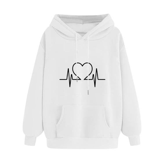 Htigea Women's Heart Graphic Sweatshirts Drawstring Hoodies Baggy Long Sleeve Hooded Pullover Casual Loose Fit Tops Pocket Fall Winter Outfits White XL