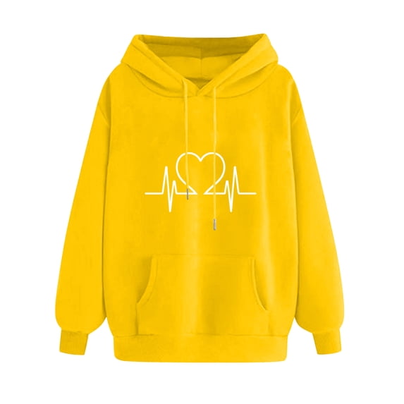 Htigea Women's Heart Graphic Sweatshirts Drawstring Hoodies Baggy Long Sleeve Hooded Pullover Casual Loose Fit Tops Pocket Fall Winter Outfits Yellow S