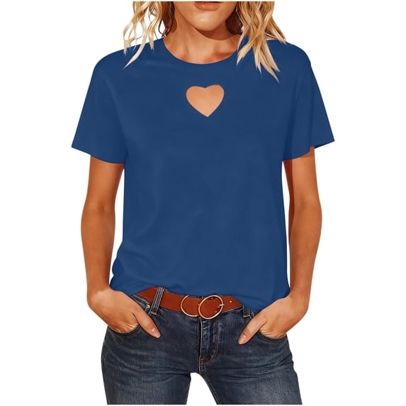 Htigea Women's Heart Shape Cutout Tshirt Short Sleeve Summer Tops Dressy Casual Going Out Shirts Blue S