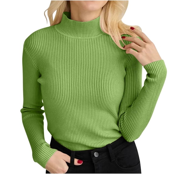 Htigea Women's High Neck Long Sleeve Sweater Stretchy Slim Fit Pullover Ribbed Knit Sweaters Fall Winter Base Layer Tops Green Free Size