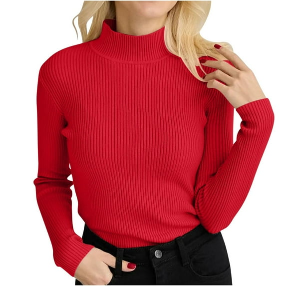 Htigea Women's High Neck Long Sleeve Sweater Stretchy Slim Fit Pullover Ribbed Knit Sweaters Fall Winter Base Layer Tops Red Free Size