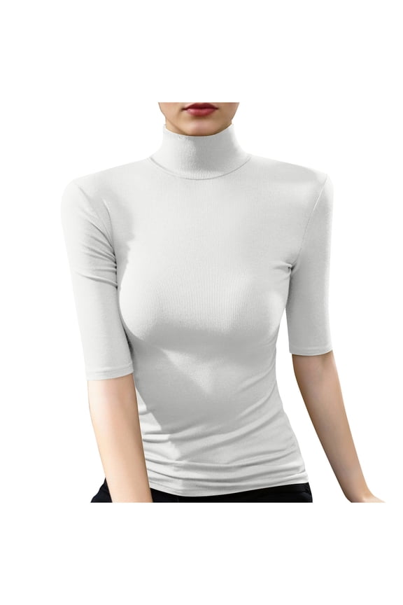 Women's High Neck Ribbed T-Shirts Half Sleeve Slim Fit Stretch Base Layer Tops Solid Color Basic Pullover Tees White S