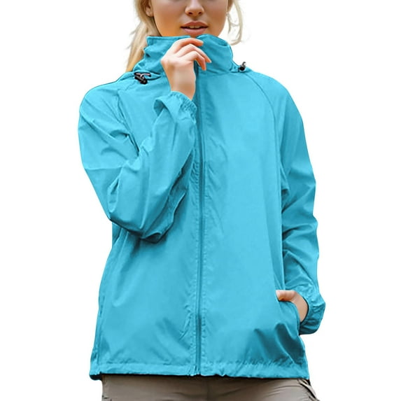 Htigea Women's Hiking Jackets Waterproof Windproof Softshell Jacket Sun Protection Hoodies Lightweight Outdoor Sport Packable Raincoat with Pockets Sky Blue,XL