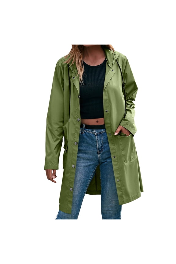 Women's Hooded Jacket Long Waterproof Windproof Coats Lightweight Button Down Everyday Jackets with Pockets Army Green 2XL