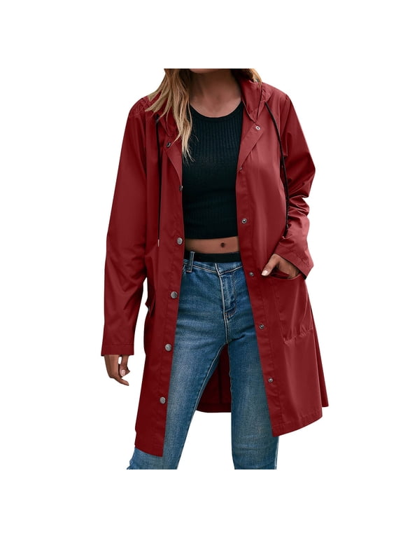 Women's Hooded Jacket Long Waterproof Windproof Coats Lightweight Button Down Everyday Jackets with Pockets Wine L