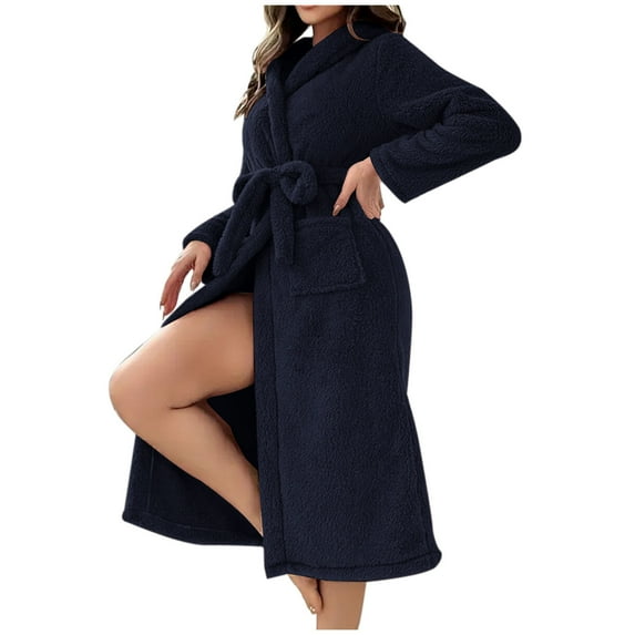 Htigea Women's Hooded Robe Fleece Warm Bathrobe Plush Shower Spa Robes Soft Comfy Home Nightgown Long Pajama Navy,XXL