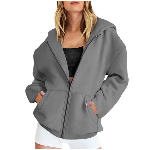 Htigea Women's Hooded Sweatshirts Full Zip Up Long Sleeve Hoodies Casual Loose Fit Sport Coat with Pockets Gray S
