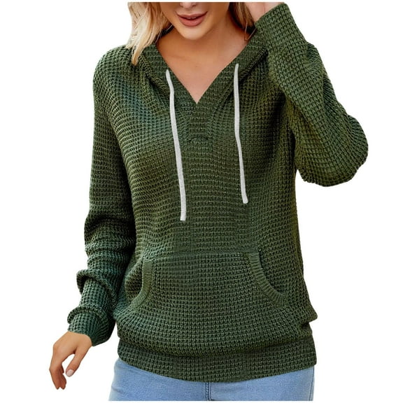 Htigea Women's Hooded Sweatshirts Waffle Knit Long Sleeve Hoodies with Drawstring and Pocket Casual Loose Fit Fall Pullover Tops Army Green M