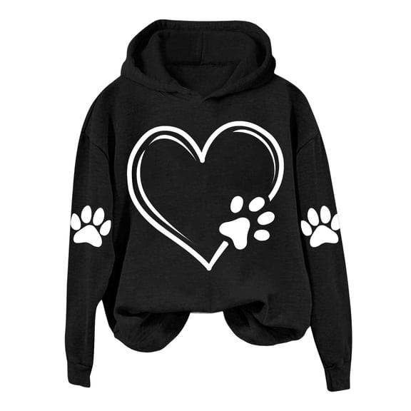 Htigea Women's Hoodies Cute Dog Paw Heart Graphic Sweatshirts | Casual, Long Sleeve, Hooded, Loose Fit, Fall Winter Pullover Tops Black S