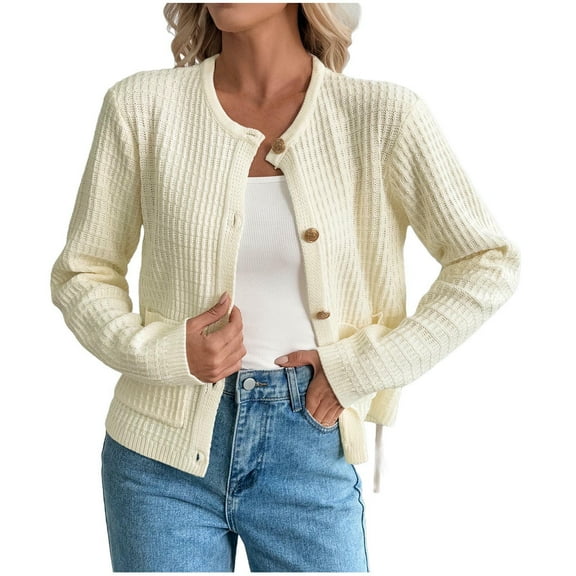 Htigea Women's Knit Cardigan Sweaters Casual Long Sleeve Open Front Button Down Knitwear Fall Cropped Sweater Jackets Beige XS